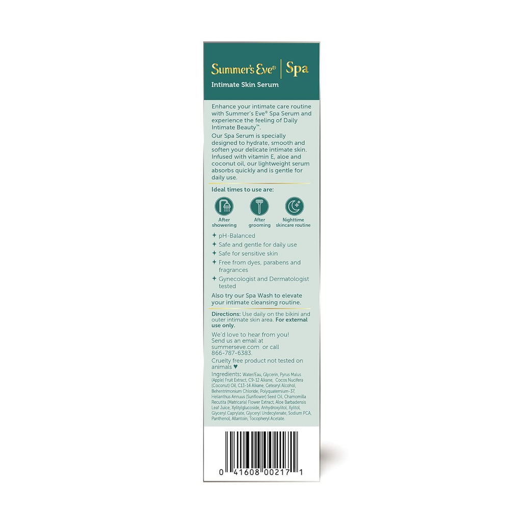 Summer's Eve Spa Daily Intimate Beauty, Luxurious Skin Serum, Post Shave Fragrance Free Women’s Hydrating Serum, 1oz Tube