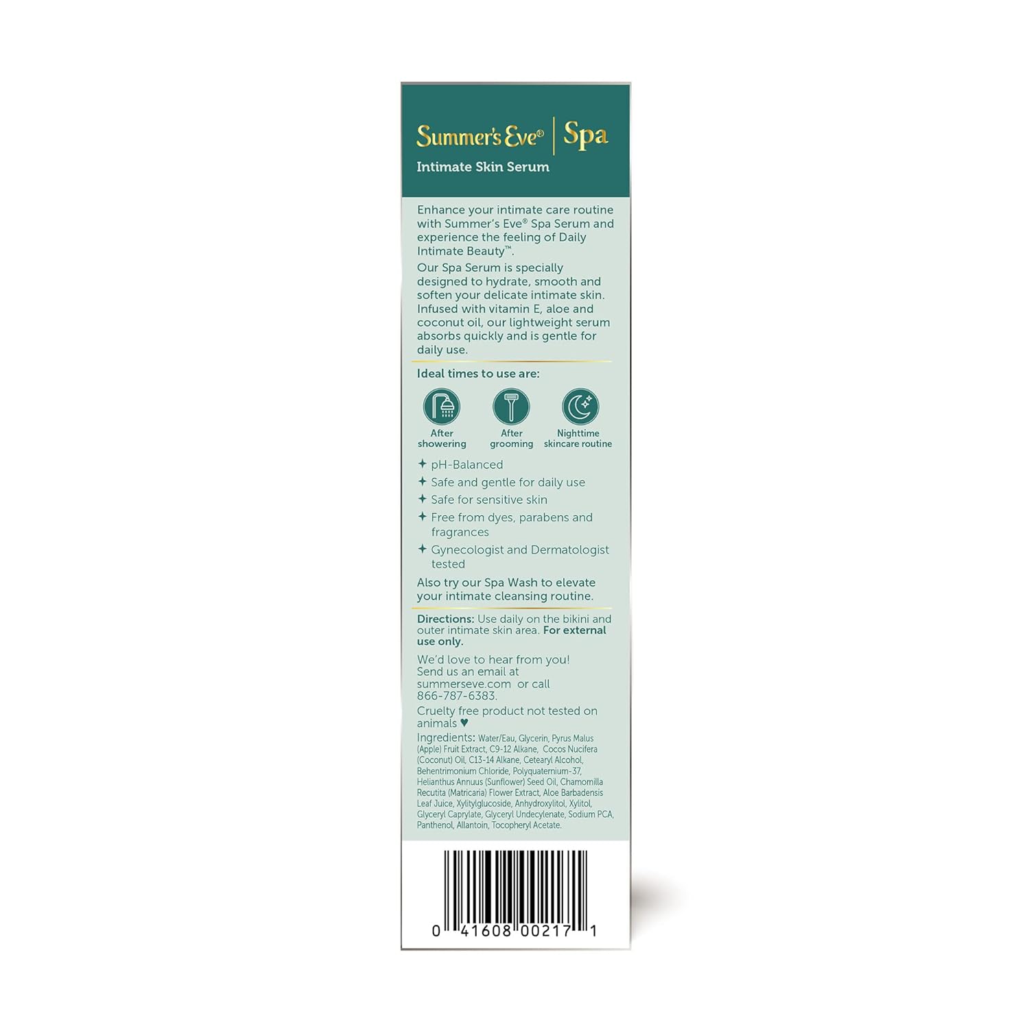 Summer's Eve Spa Daily Intimate Beauty, Luxurious Skin Serum, Post Shave Fragrance Free Women’s Hydrating Serum, 1oz Tube